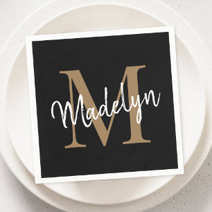 Elegant Black Gold Monogram Girly Script Birthday Napkin