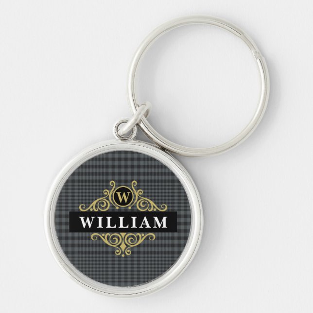 Elegant Black Gold Monogram Glen Plaid Key Ring (Front)