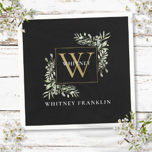 Elegant Black Gold Monogram Greenery Eucalyptus Napkin