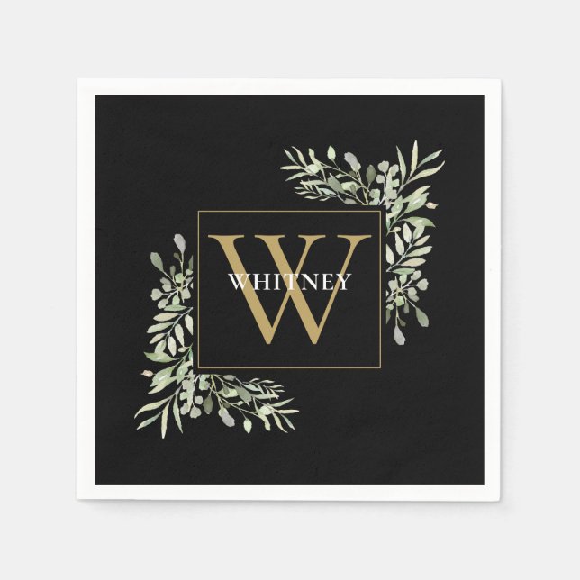 Elegant Black Gold Monogram Greenery Floral Napkin (Front)