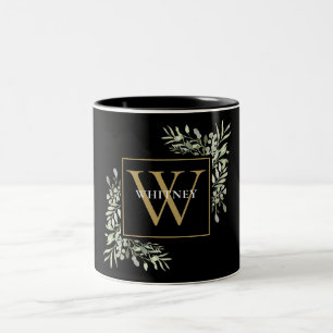 Elegant Black Gold Monogram Greenery Floral Two-Tone Coffee Mug