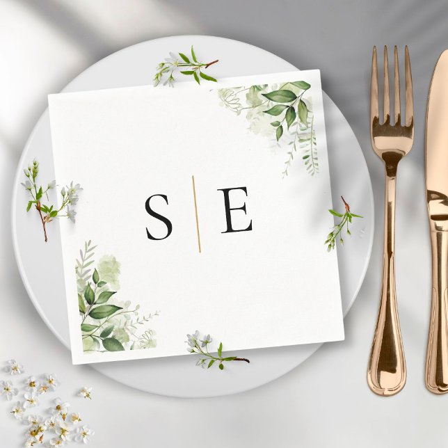 Elegant Black Gold Monogram Greenery Napkin (Creator Uploaded)