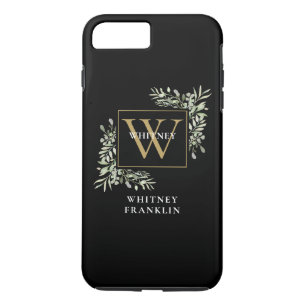 Elegant Black Gold Monogram Greenery Personalised iPhone 8 Plus/7 Plus Case