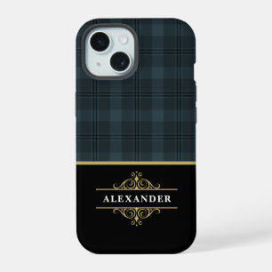 Elegant Black Gold Monogram Grey Plaid iPhone 15 Case