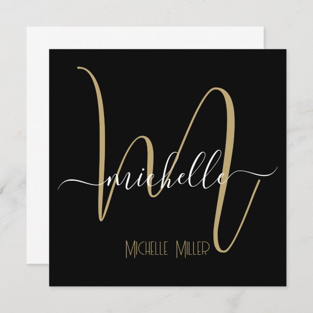 elegant black gold monogram initial business name invitation (Front/Back)