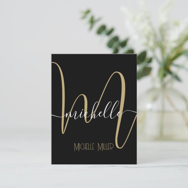 elegant black gold monogram initial business name thank you card (Standing Front)