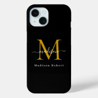 Elegant Black Gold Monogram Initial Funny Script