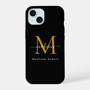 Elegant Black Gold Monogram Initial Funny Script iPhone 15 Case