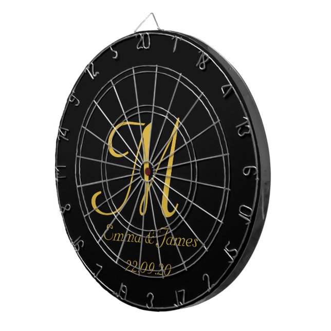 Elegant Black Gold Monogram Initial Name Custom Dartboard (Front Right)