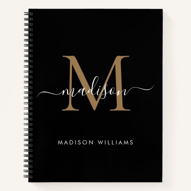 Elegant Black Gold Monogram Initial Script Name Notebook (Front)