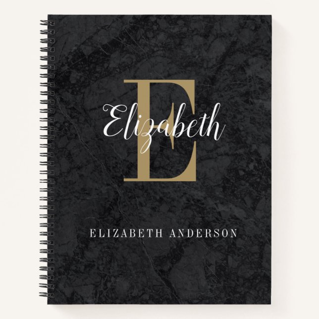 Elegant Black Gold Monogram Initial Script Notebook (Front)