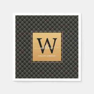 Elegant Black Gold Monogram Initial Script Stylish Napkin