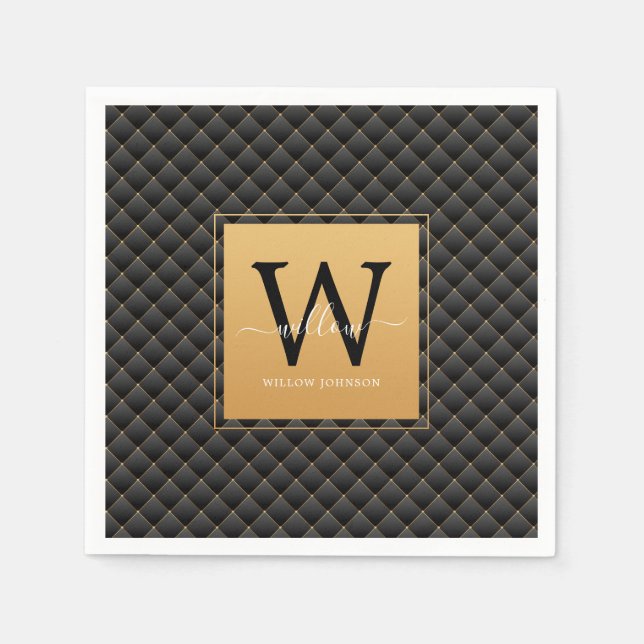 Elegant Black Gold Monogram Initial Script Stylish Napkin (Front)