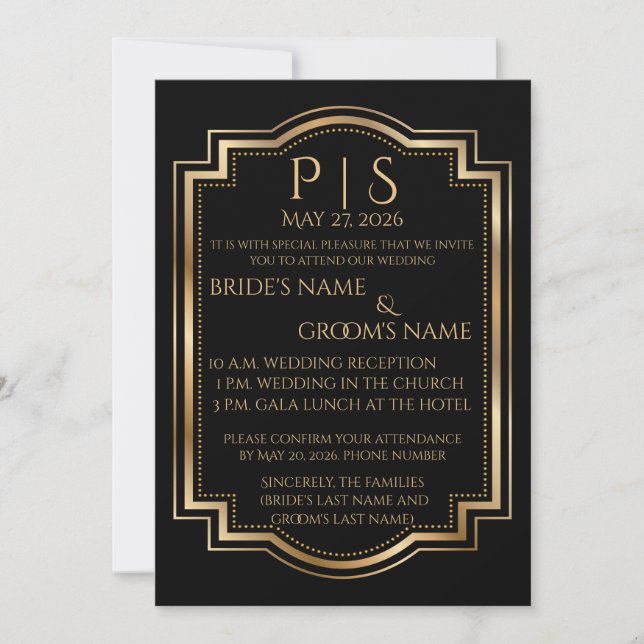 Elegant Black & Gold Monogram Invitation (Front)