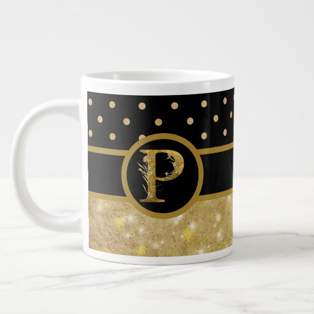 Elegant Black & Gold Monogram  Large Coffee Mug (Left)