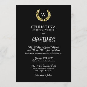 Elegant Black Gold Monogram Laurel Wedding Invitation