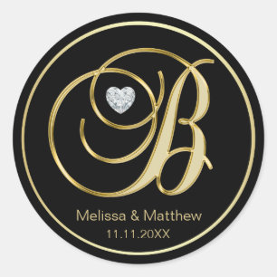 Elegant Black Gold Monogram Letter B Heart Diamond Classic Round Sticker