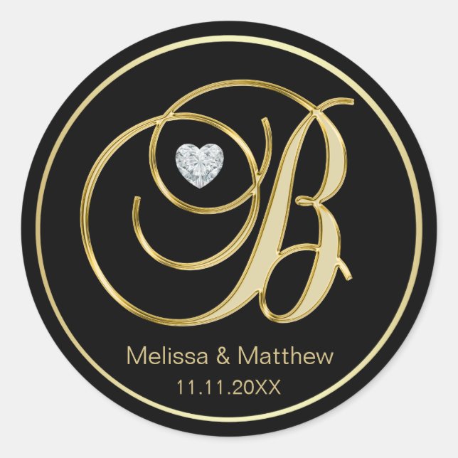 Elegant Black Gold Monogram Letter B Heart Diamond Classic Round Sticker (Front)