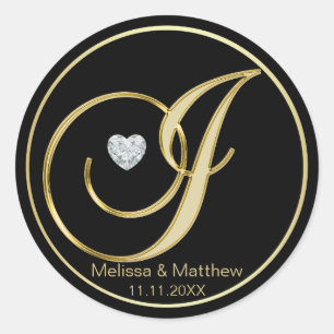 Elegant Black Gold Monogram Letter J Heart Diamond Classic Round Sticker