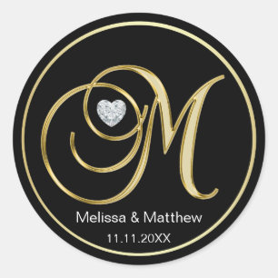 Elegant Black Gold Monogram Letter M Heart Diamond Classic Round Sticker
