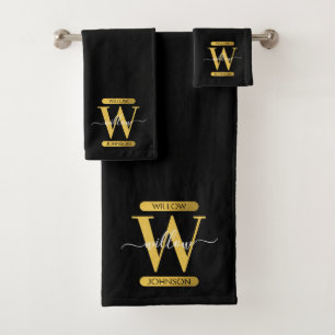 Elegant Black & Gold Monogram Modern Script   Bath Towel Set
