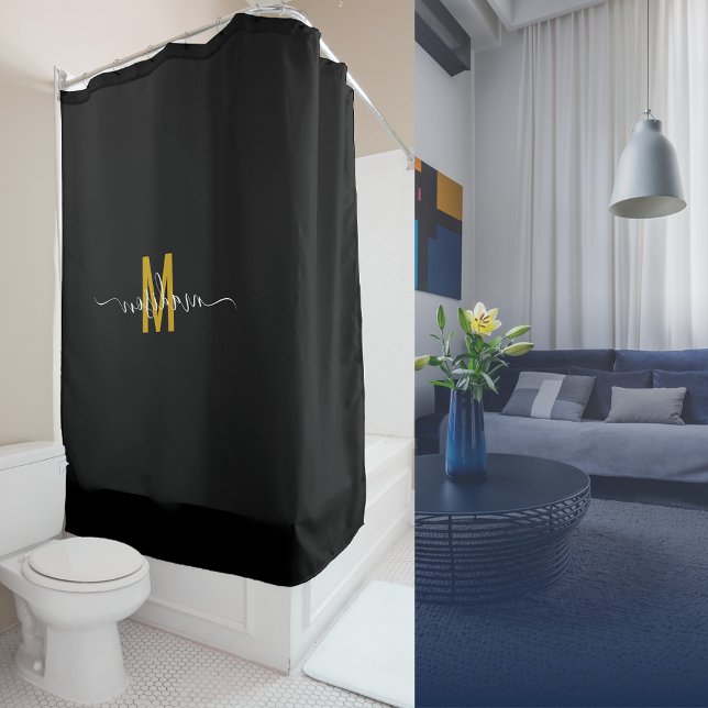Elegant Black Gold Monogram Modern Script Custom Shower Curtain (Creator Uploaded)