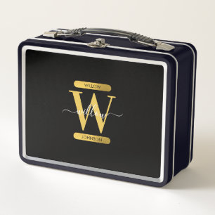 Elegant Black & Gold Monogram Modern Script  Metal Lunch Box
