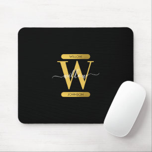 Elegant Black & Gold Monogram Modern Script Mouse Mat