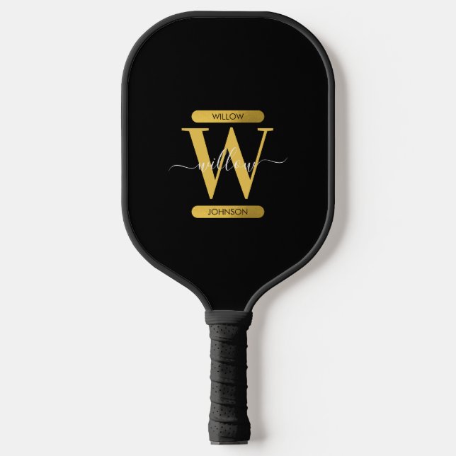 Elegant Black & Gold Monogram Modern Script  Pickleball Paddle (Front)