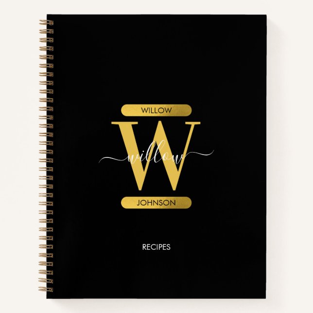 Elegant Black & Gold Monogram Modern Script Recipe Notebook (Front)