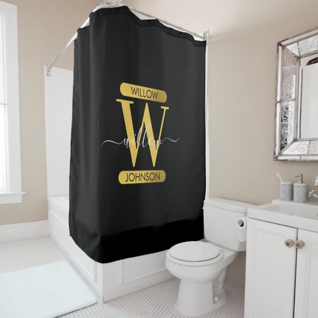Elegant Black & Gold Monogram Modern Script Shower Curtain (In Situ)