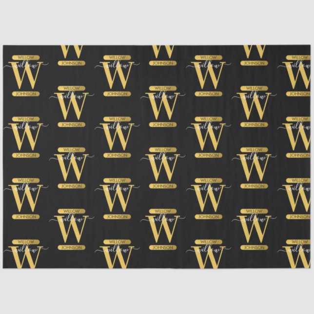 Elegant Black & Gold Monogram Modern Script Tissue Paper (Front)