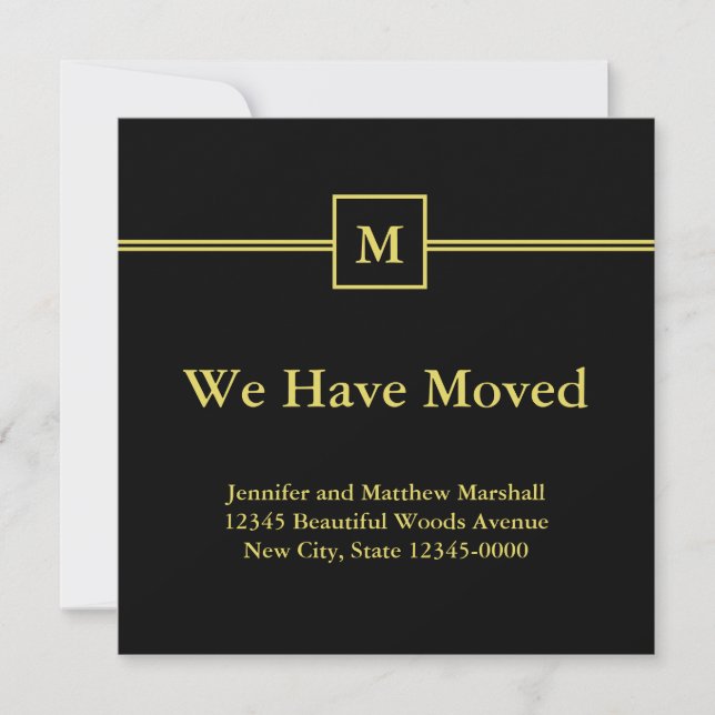 Elegant Black & Gold Monogram Moving Announcement (Front)