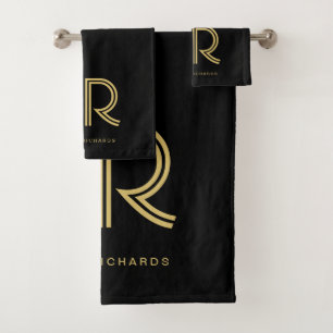 Elegant black gold monogram name  bath towel set
