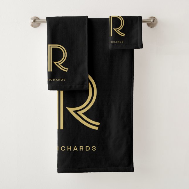 Elegant black gold monogram name  bath towel set (Insitu)