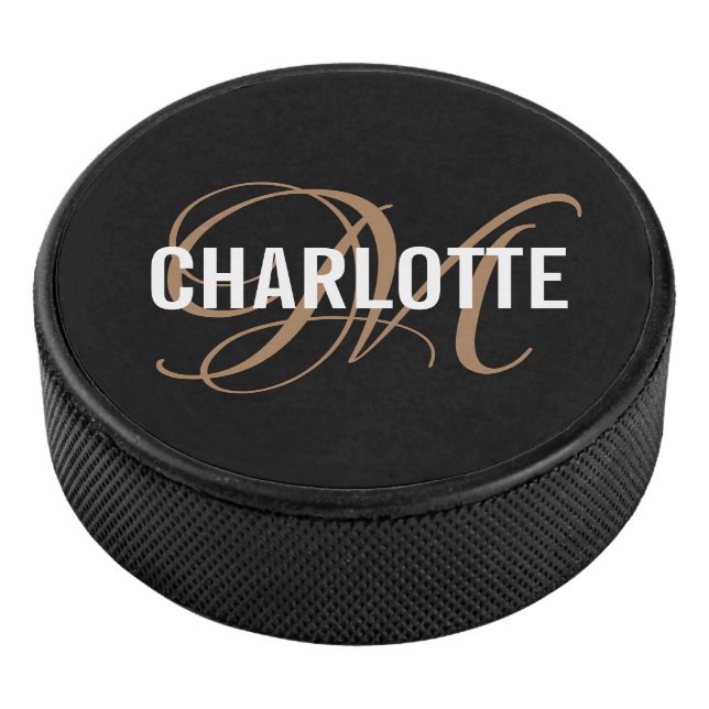 Elegant black gold monogram name hockey puck (3/4)