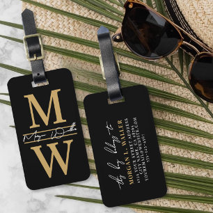 Elegant Black Gold Monogram Name Luggage Tag