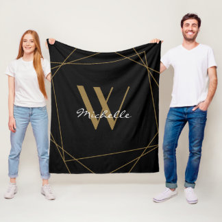 Elegant Black Gold Monogram Name Script Geometric Fleece Blanket