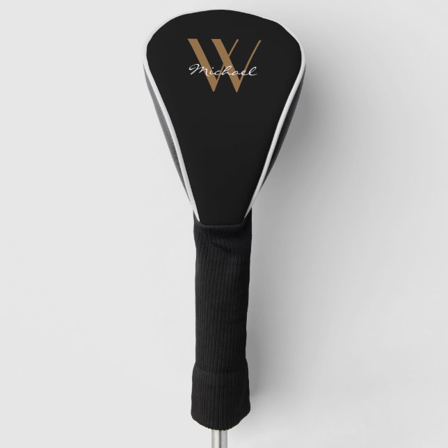 Elegant Black Gold Monogram Name Script Golf Head Cover (Front)