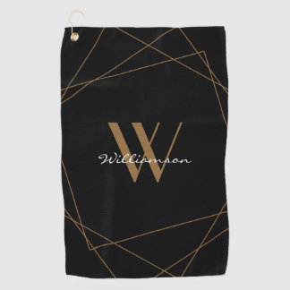 Elegant Black Gold Monogram Name Script Golf Towel