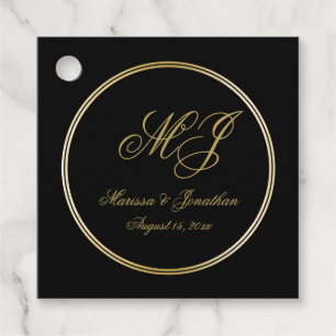 Elegant Black Gold Monogram Name Wedding Thank You Favour Tags