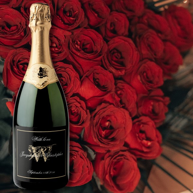 Elegant Black & Gold Monogram Script Chic Wedding  Sparkling Wine Label (For an Elegant Wedding: Gold on Black Monogram, Chic Script Sparkling Wine Label.)