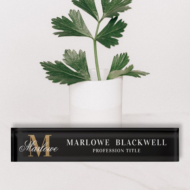 Elegant Black Gold Monogram Script Desk Nameplate (Creator Uploaded)