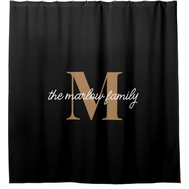 Elegant Black Gold Monogram Script Family Name  Shower Curtain (Front)