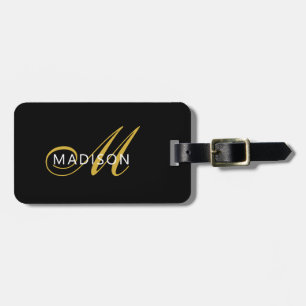 Elegant Black Gold Monogram Script Initial  Luggage Tag