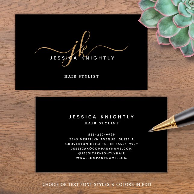 Elegant Black Gold Monogram Script Initials Business Card (Creator Uploaded)
