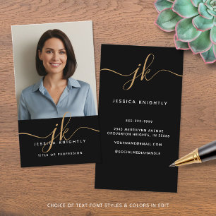 Elegant Black Gold Monogram Script Initials Photo Business Card