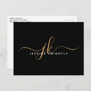 Elegant Black Gold Monogram Script Initials Postcard