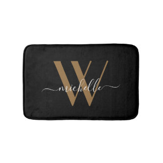 Elegant Black Gold Monogram Script Name Initial Bath Mat