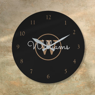 Elegant Black Gold Monogram Script Name Large Clock